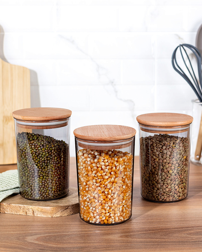 Контейнеры для хранения Yuviera Wooden Lid из 3 шт., 900 мл. - дерево, пластик
